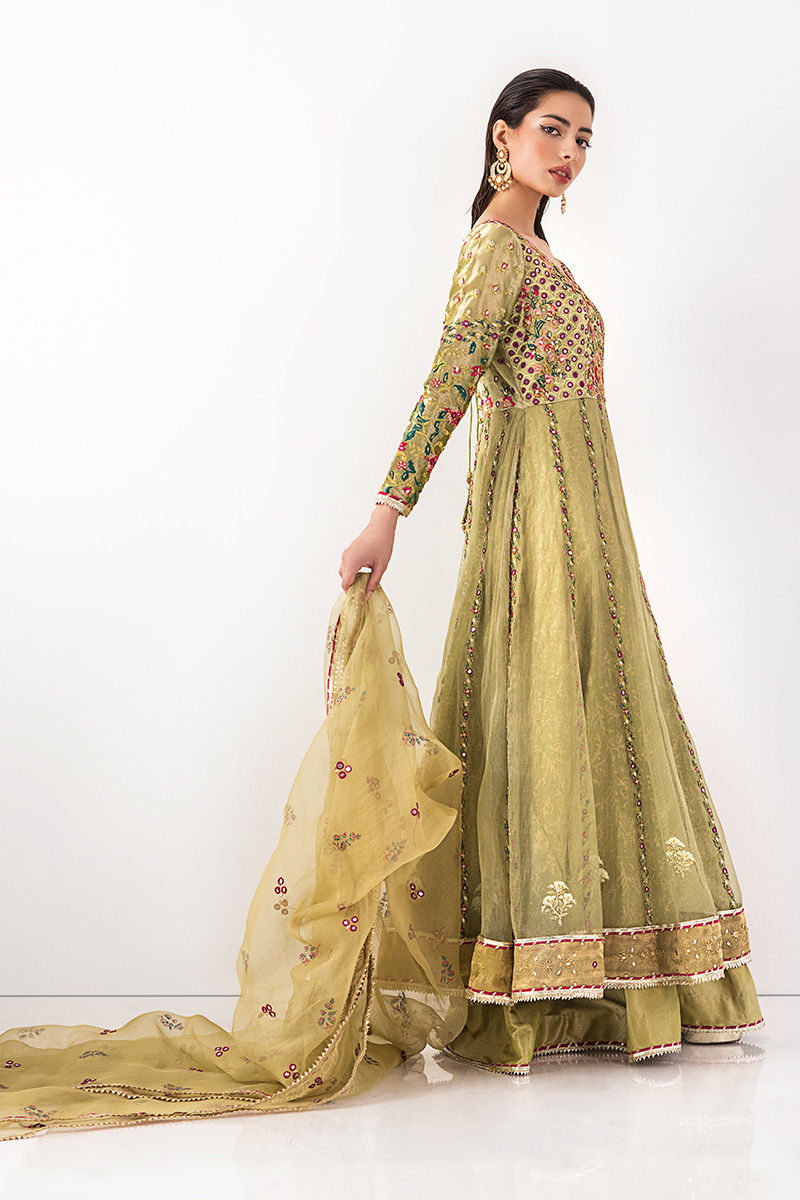 Lime Green Mirrorwork Lama Organza Kalidar (3-Piece) - Image 3