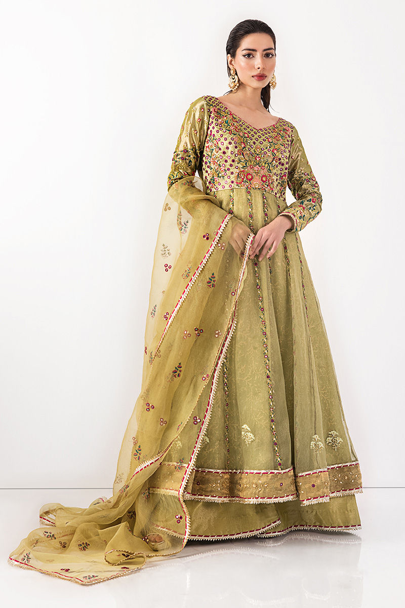 Lime Green Mirrorwork Lama Organza Kalidar (3-Piece) - Image 4