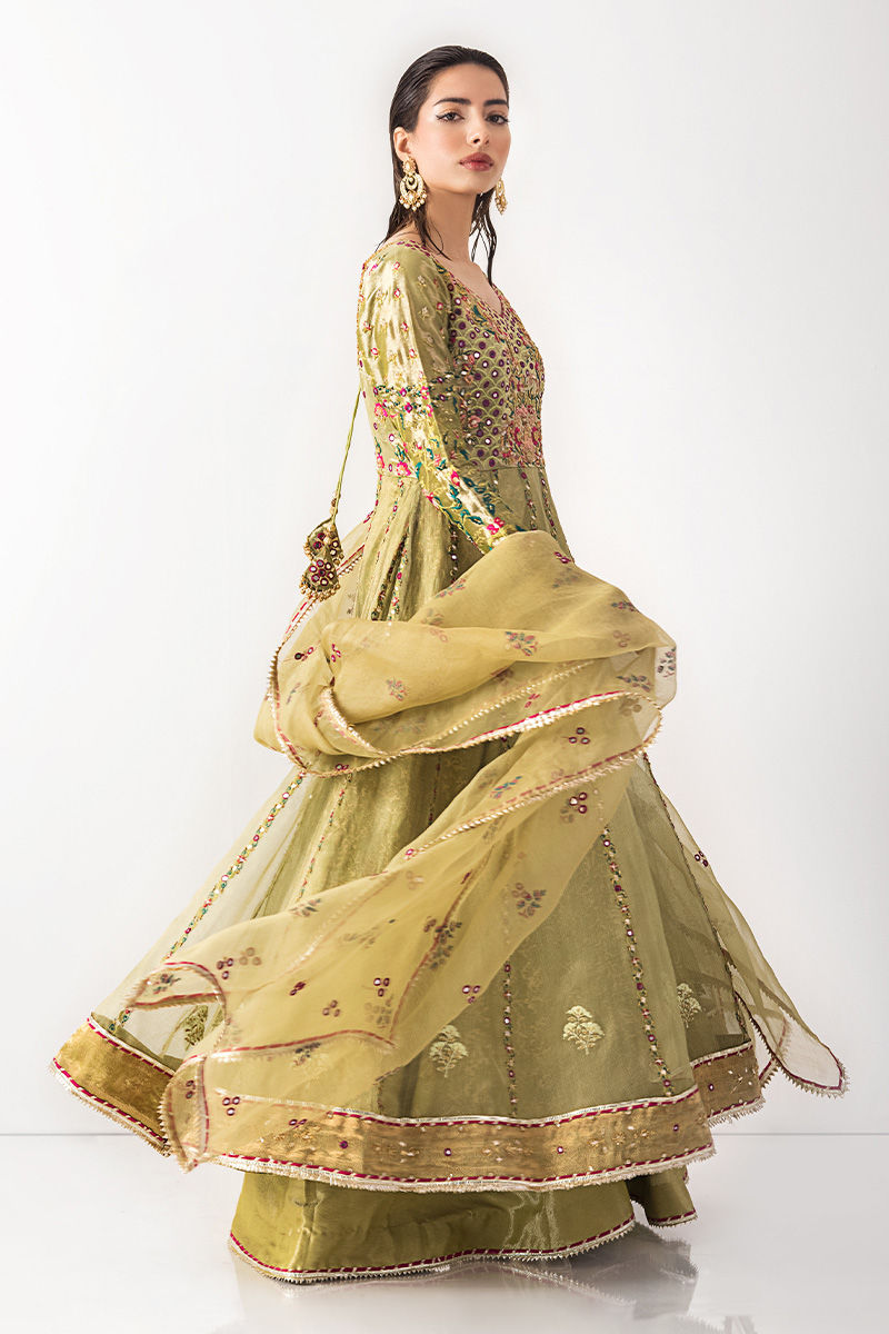 Lime Green Mirrorwork Lama Organza Kalidar (3-Piece) - Image 7