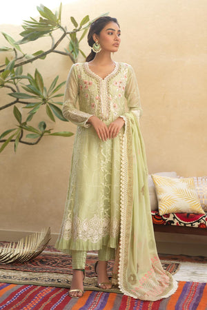 Mint Green Embroidered Organza Kalidaar (3-Piece) - Image 1