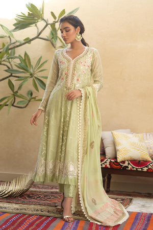 Mint Green Embroidered Organza Kalidaar (3-Piece) - Image 3