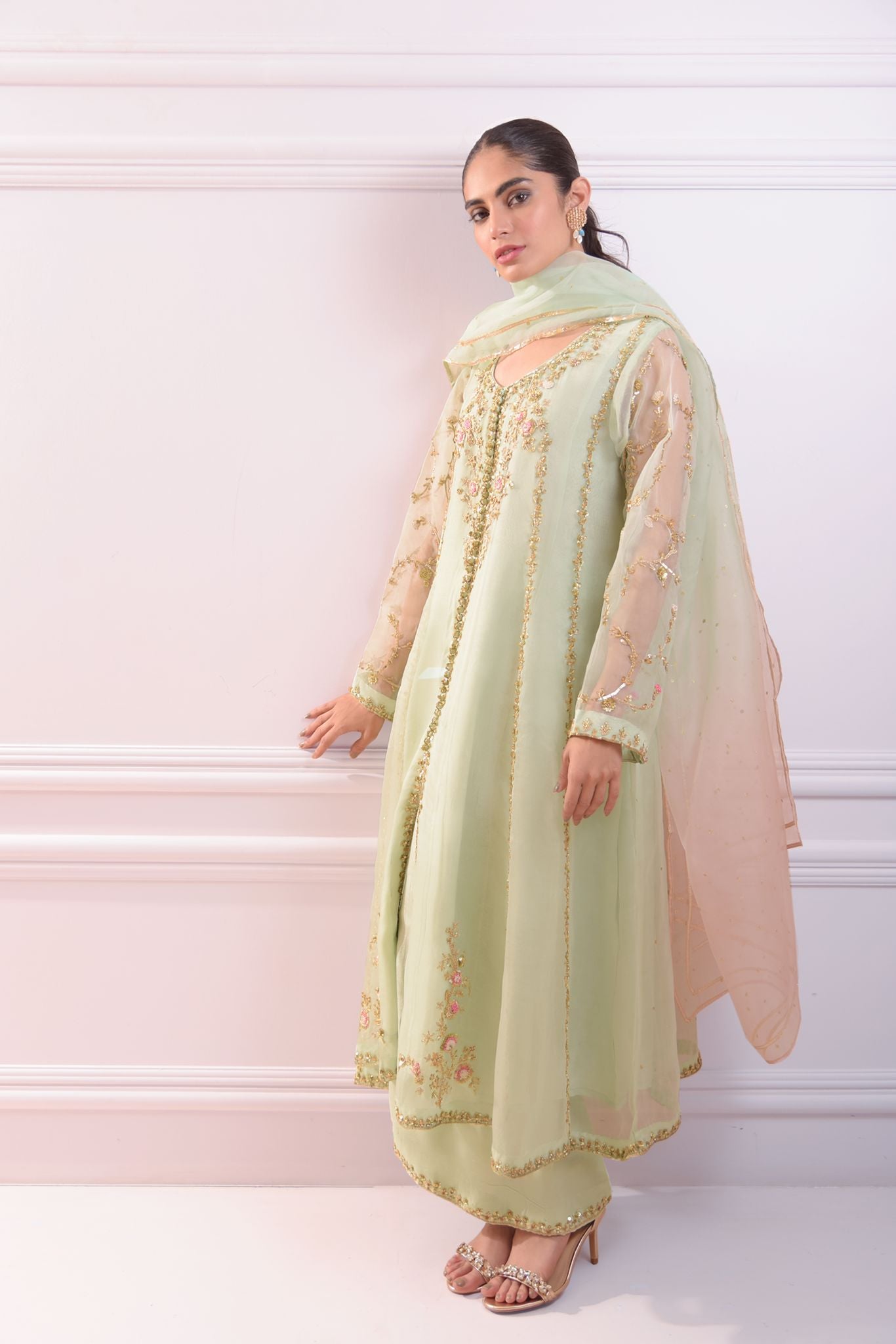 Pastel Green Zardozi Organza Open Kalidaar (3-Piece) - Image 1