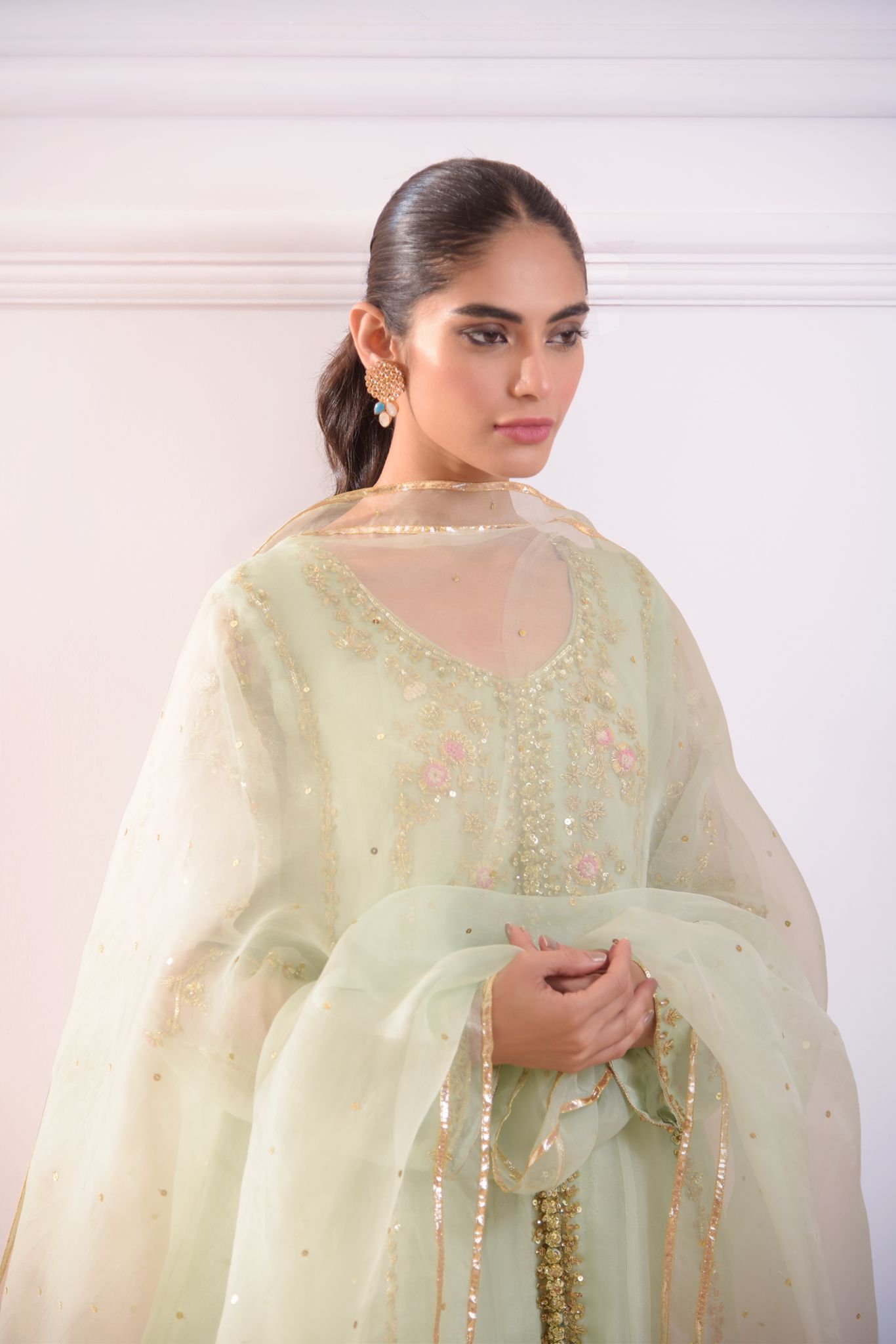 Pastel Green Zardozi Organza Open Kalidaar (3-Piece) - Image 2