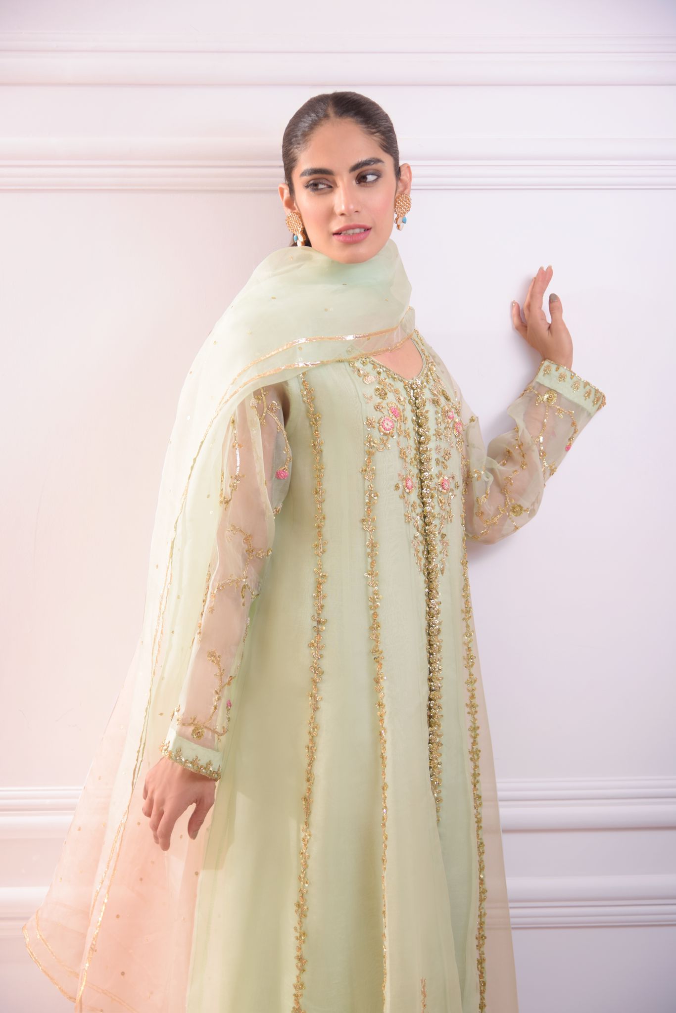 Pastel Green Zardozi Organza Open Kalidaar (3-Piece) - Image 3
