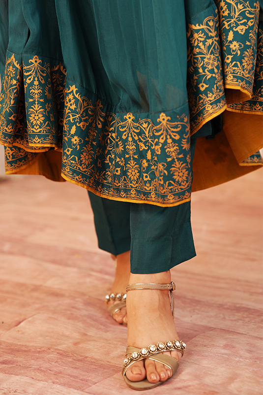 Pakistani Deep Green Embroidered PK Raw Silk Kalidar (3-Piece) - Image 1