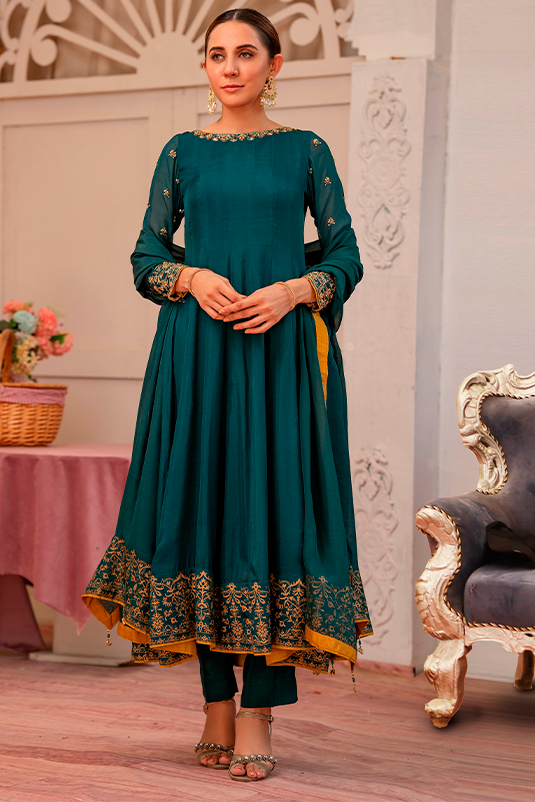 Pakistani Deep Green Embroidered PK Raw Silk Kalidar (3-Piece) - Image 2