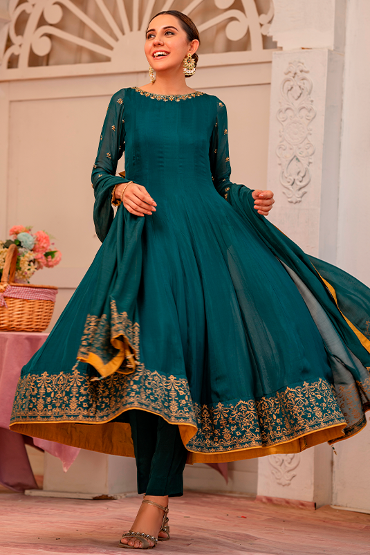 Pakistani Deep Green Embroidered PK Raw Silk Kalidar (3-Piece) - Image 3