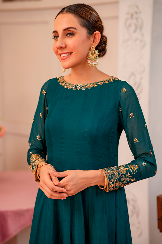 Pakistani Deep Green Embroidered PK Raw Silk Kalidar (3-Piece) - Image 4