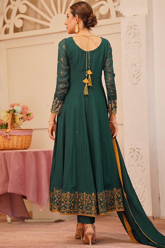 Pakistani Deep Green Embroidered PK Raw Silk Kalidar (3-Piece) - Image 5