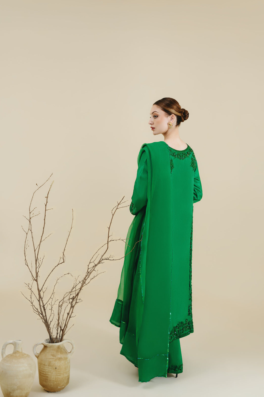 Pakistani Emerald Green Embroidered Pure Raw Silk Kalidaar (3-Piece) - Image 4