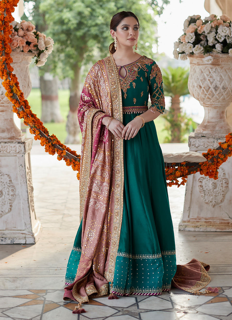 Emerald Green Hand-Embroidered Raw Silk Kalidaar (2-Piece) - Image 1