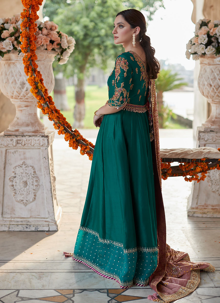 Emerald Green Hand-Embroidered Raw Silk Kalidaar (2-Piece) - Image 10