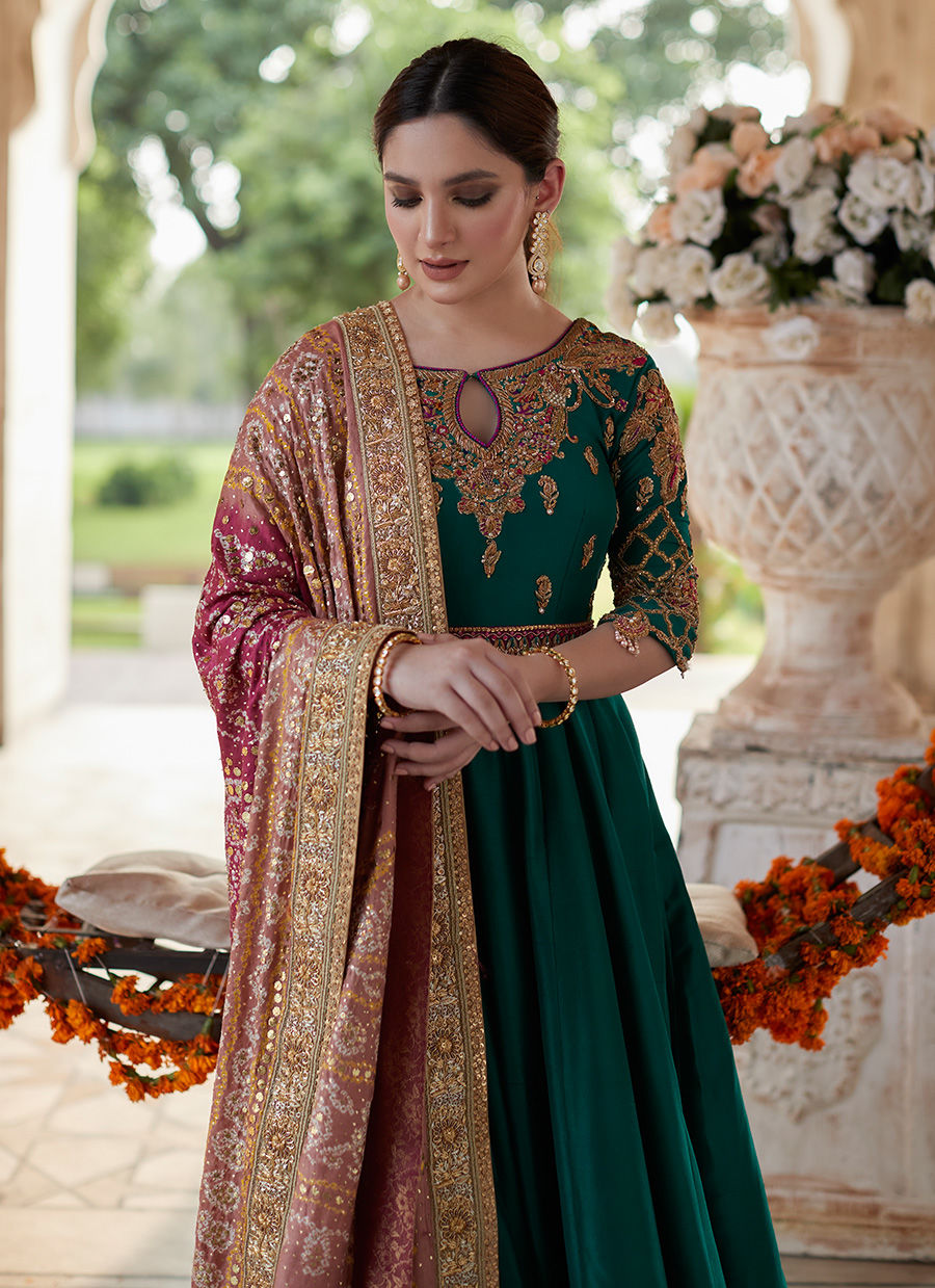 Emerald Green Hand-Embroidered Raw Silk Kalidaar (2-Piece) - Image 8
