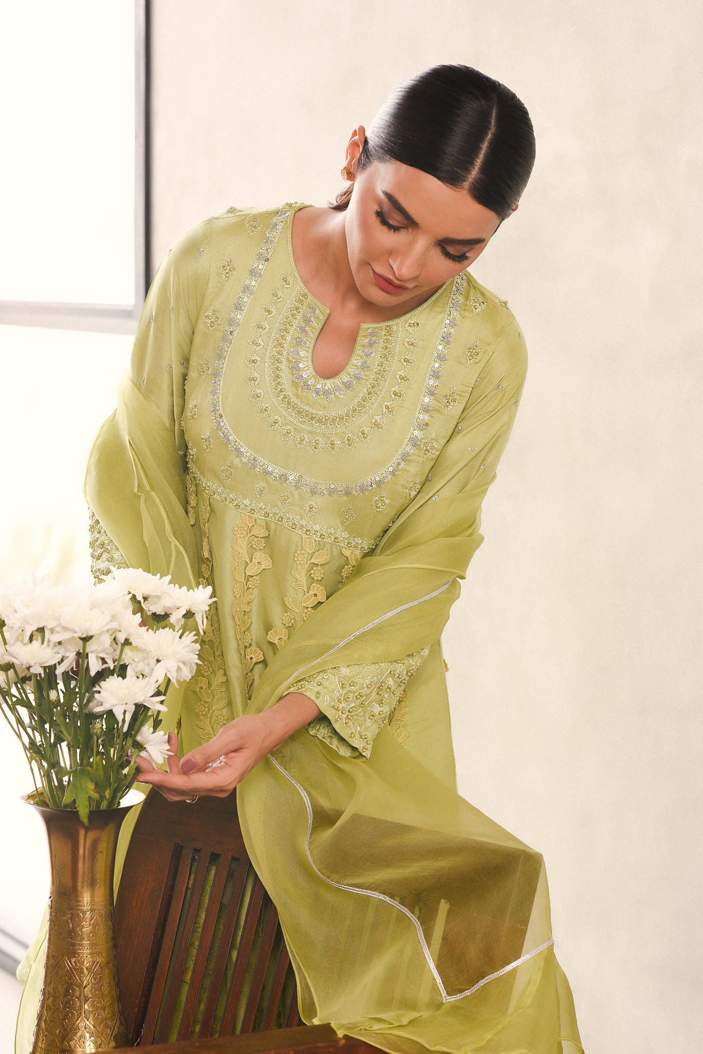 Pakistani Lime Green Silver Embroidered Pure Raw Silk Kalidaar (3-Piece) - Image 1