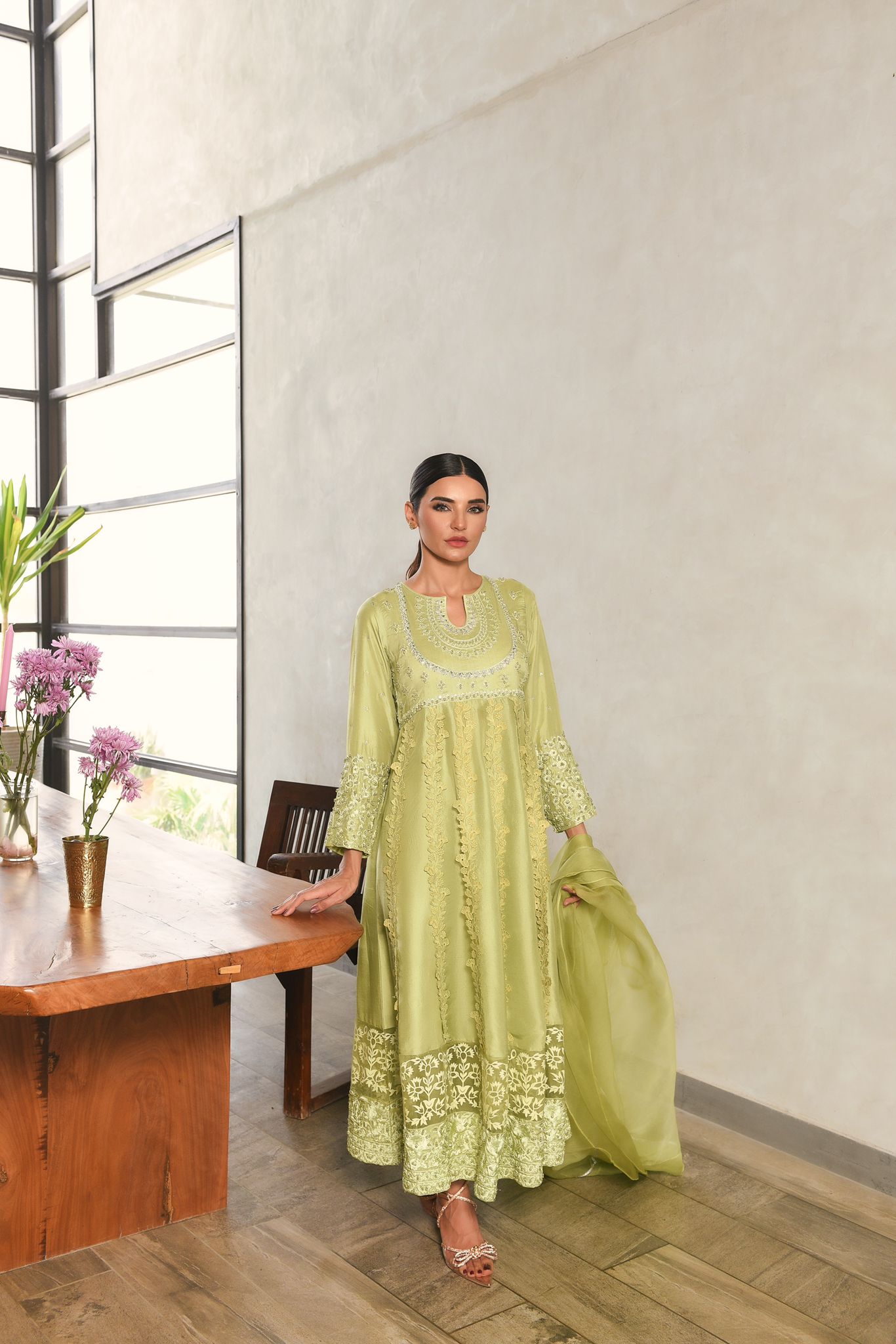 Pakistani Lime Green Silver Embroidered Pure Raw Silk Kalidaar (3-Piece) - Image 2