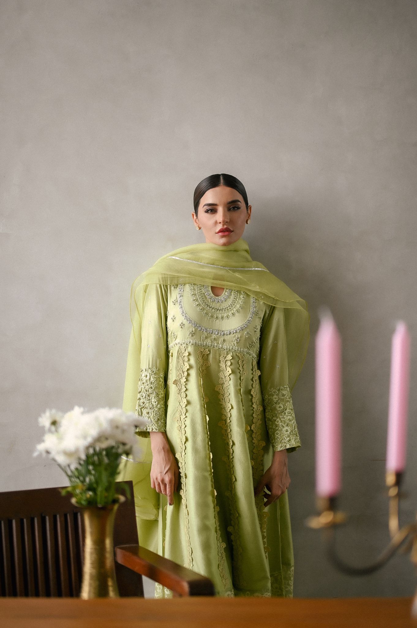 Pakistani Lime Green Silver Embroidered Pure Raw Silk Kalidaar (3-Piece) - Image 3