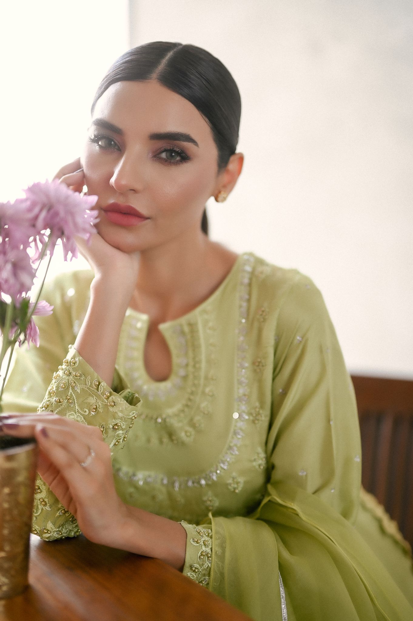 Pakistani Lime Green Silver Embroidered Pure Raw Silk Kalidaar (3-Piece) - Image 4