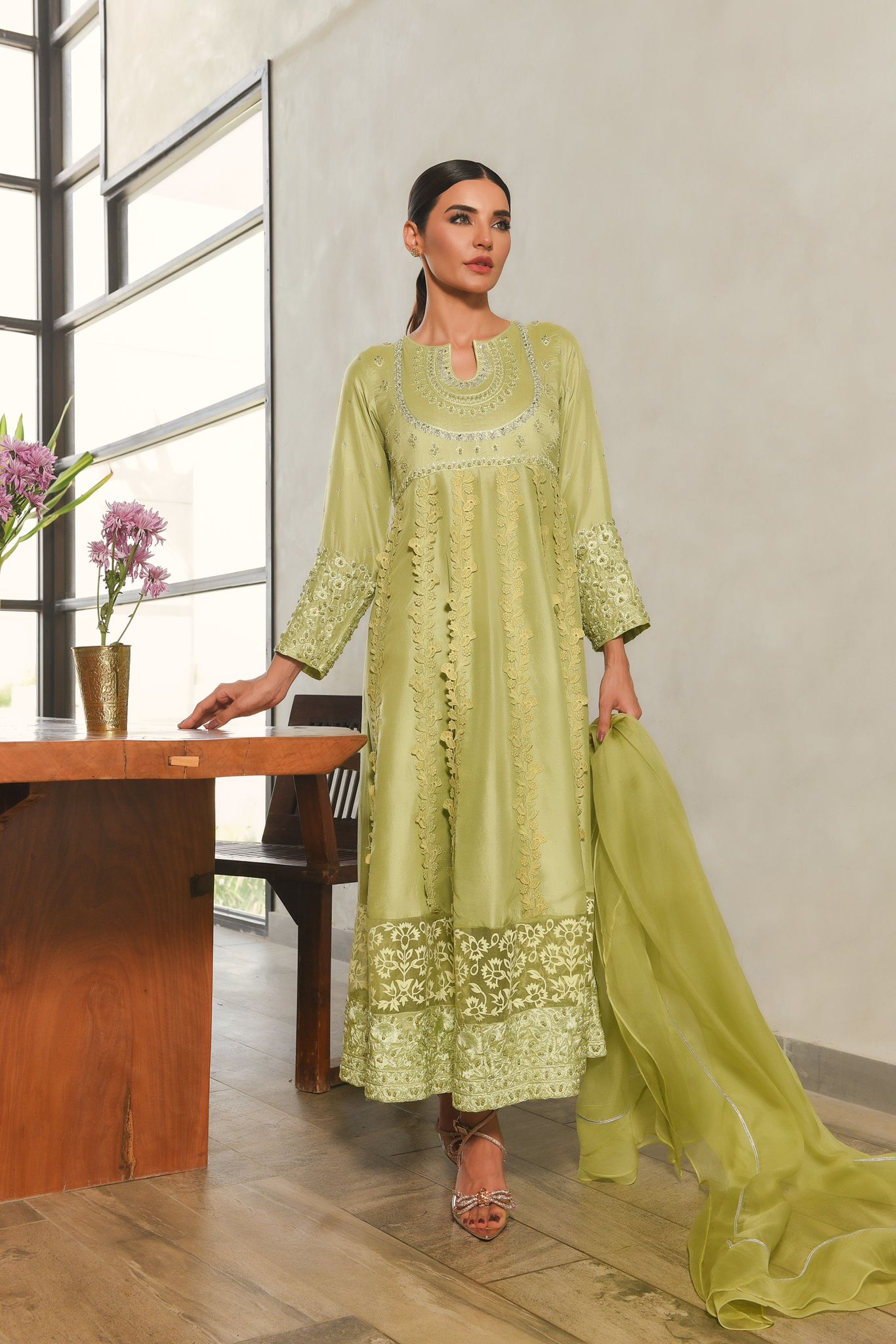 Pakistani Lime Green Silver Embroidered Pure Raw Silk Kalidaar (3-Piece) - Image 5