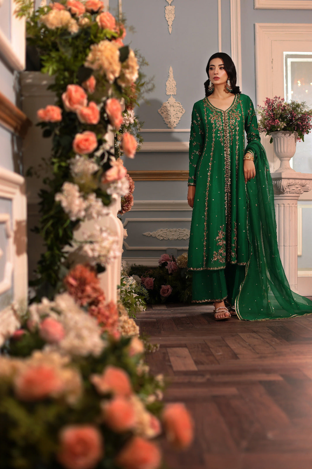 Pakistani Emerald Zardozi Raw Silk Kalidaar (3-Piece) - Image 1