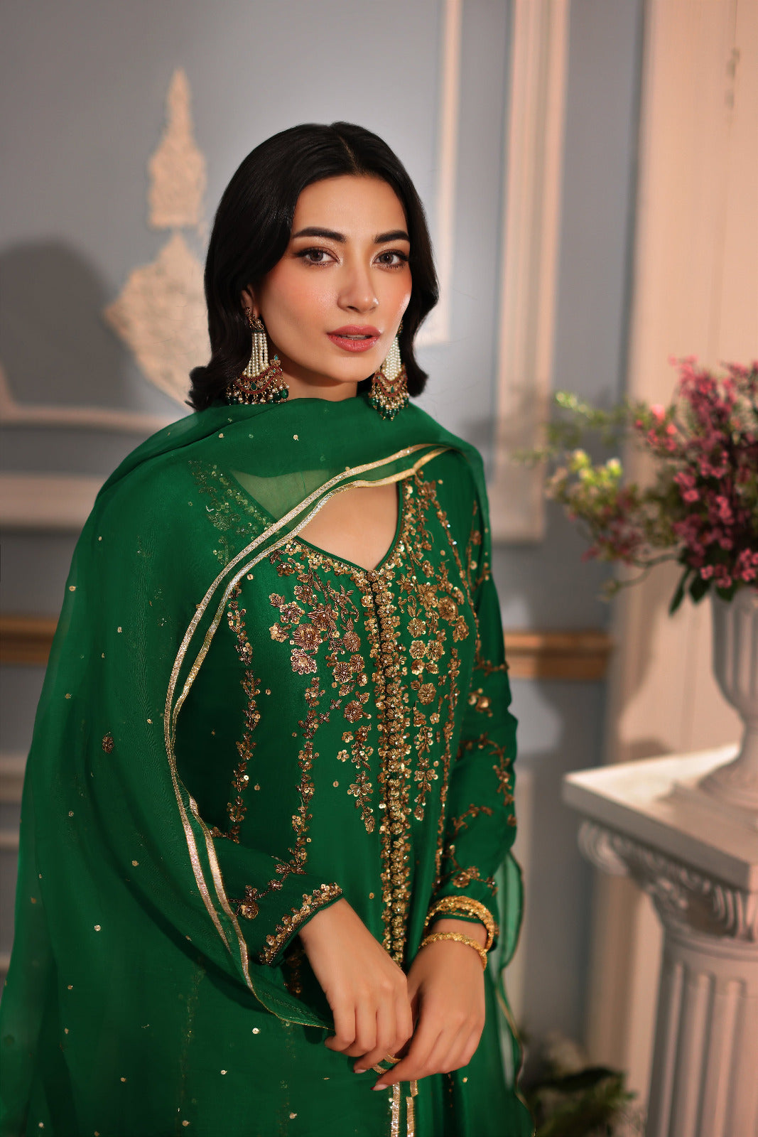 Pakistani Emerald Zardozi Raw Silk Kalidaar (3-Piece) - Image 2