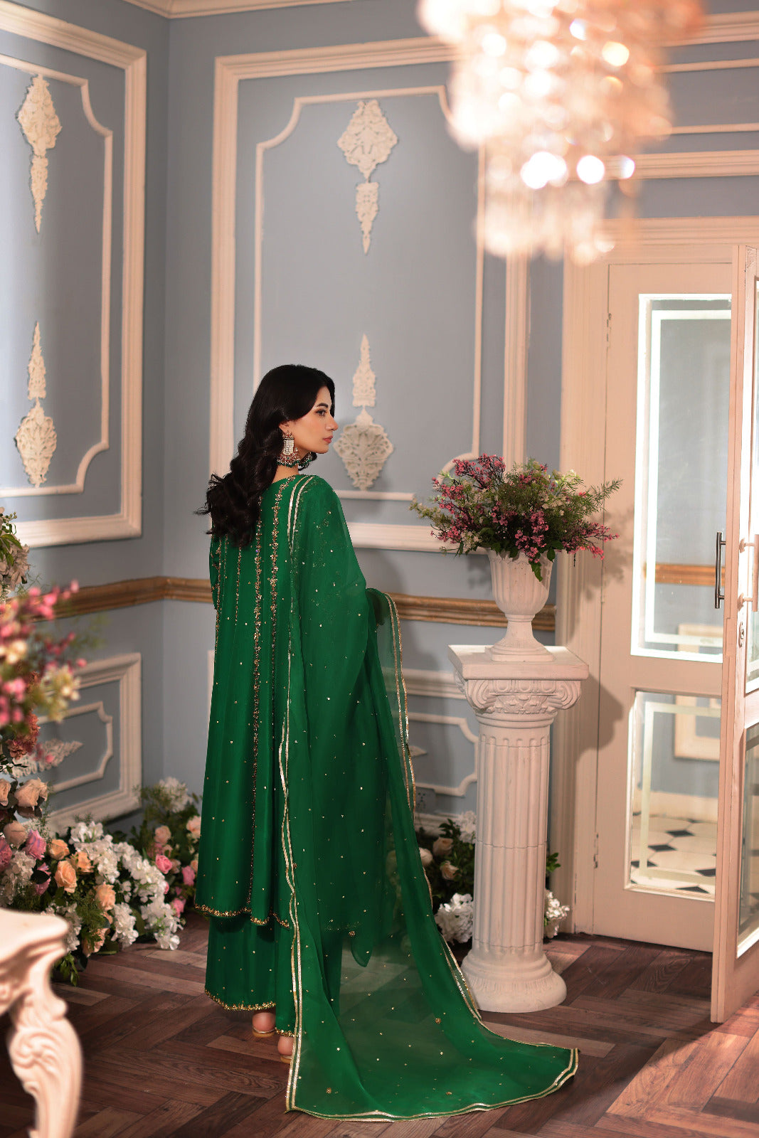 Pakistani Emerald Zardozi Raw Silk Kalidaar (3-Piece) - Image 3