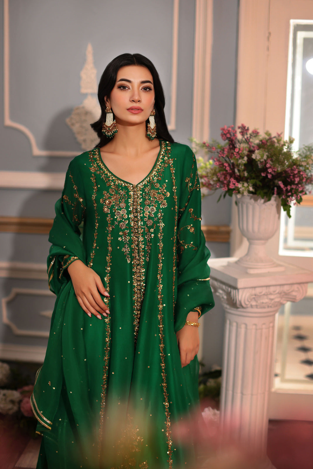 Pakistani Emerald Zardozi Raw Silk Kalidaar (3-Piece) - Image 5