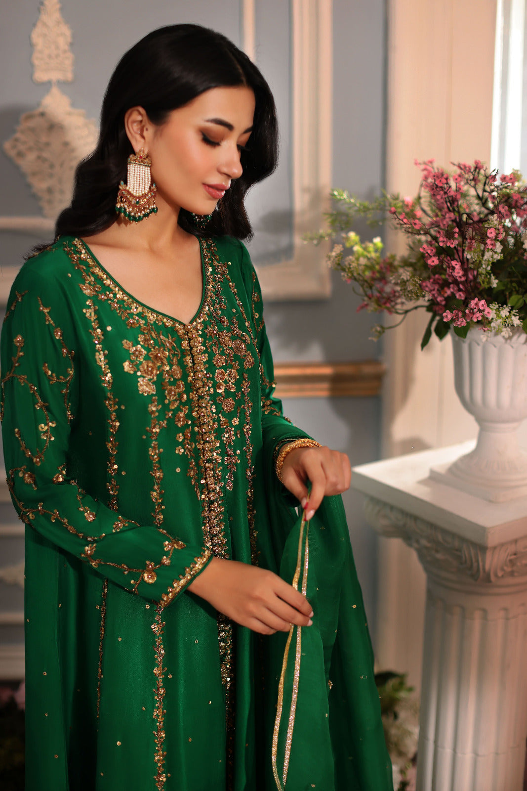 Pakistani Emerald Zardozi Raw Silk Kalidaar (3-Piece) - Image 6