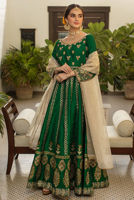 Pakistani Emerald Resham Zardozi Raw Silk Kalidar (3-Piece) - Image 2