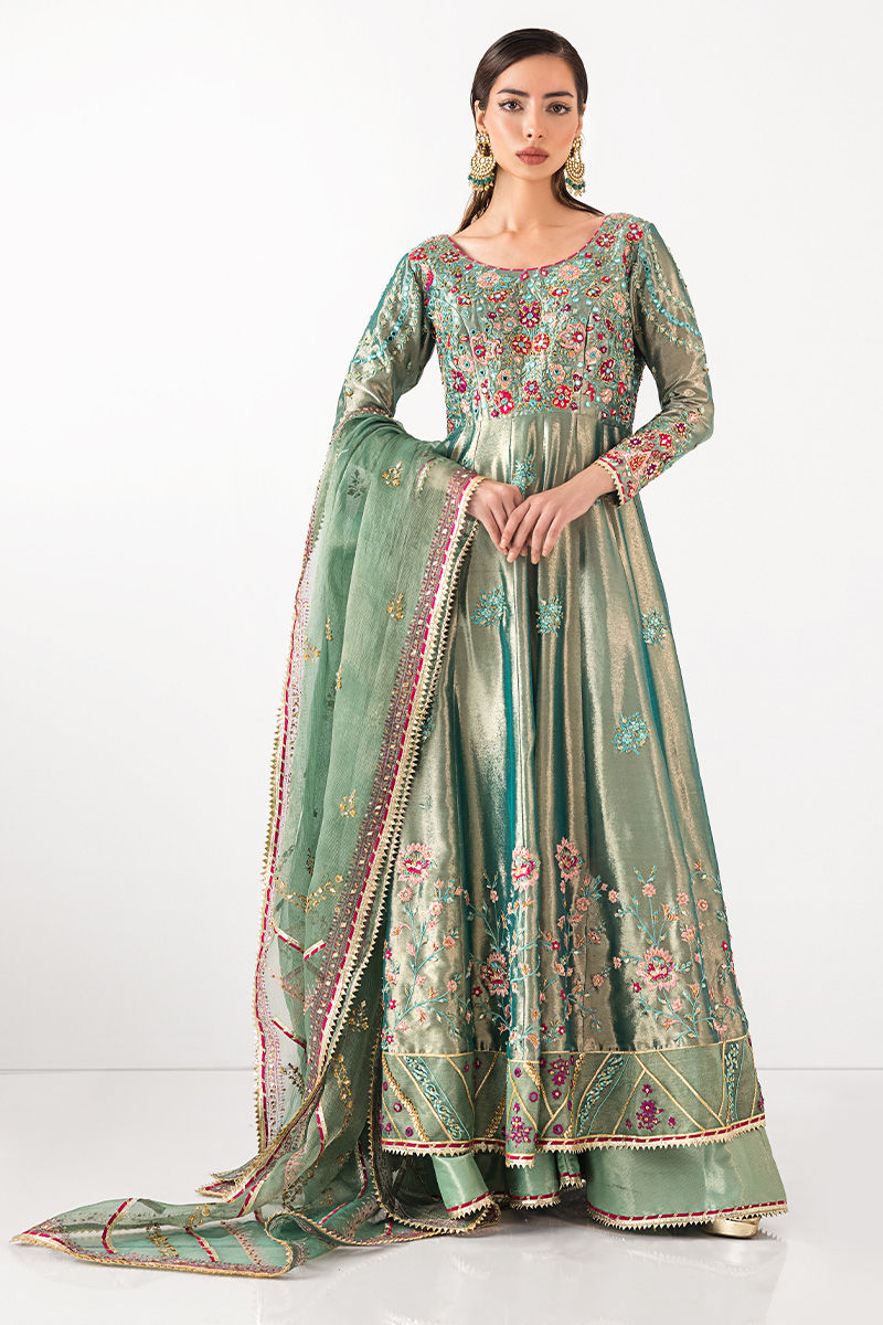 Pakistani Metallic Sage Embroidered Shimmer Kalidar (3-Piece) - Image 1