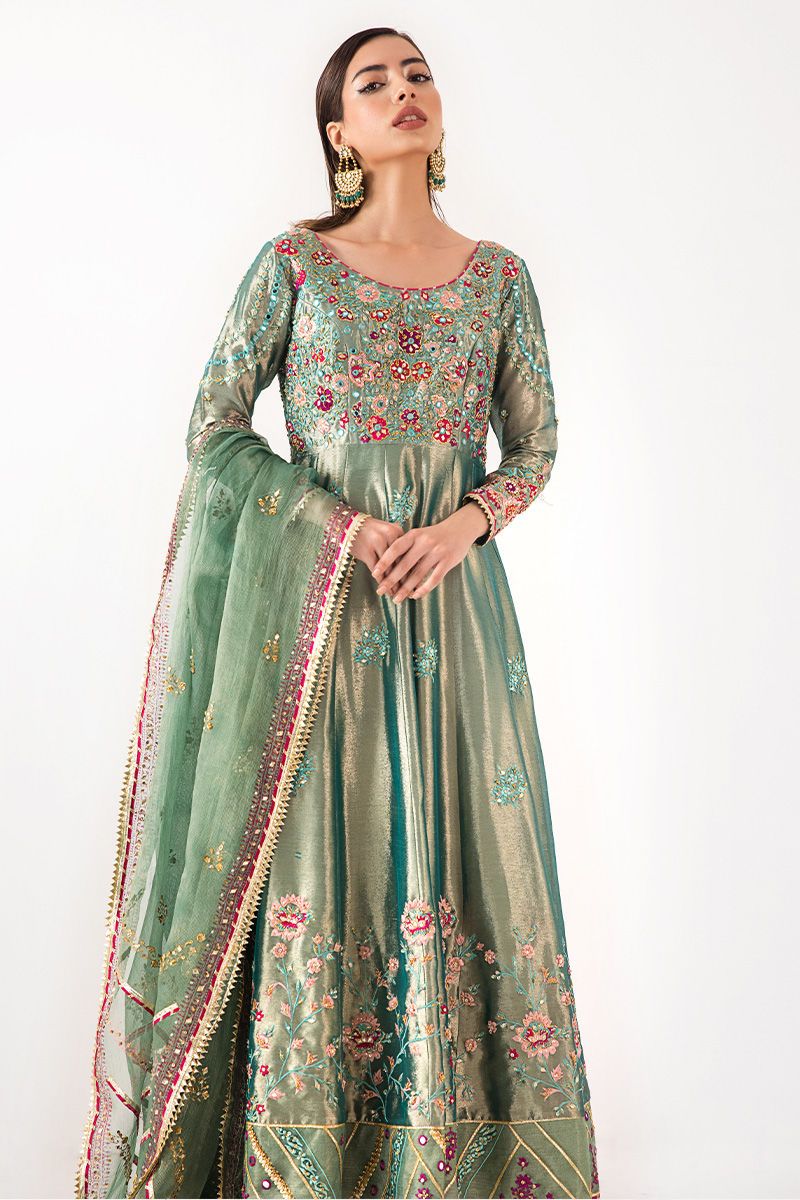 Pakistani Metallic Sage Embroidered Shimmer Kalidar (3-Piece) - Image 2