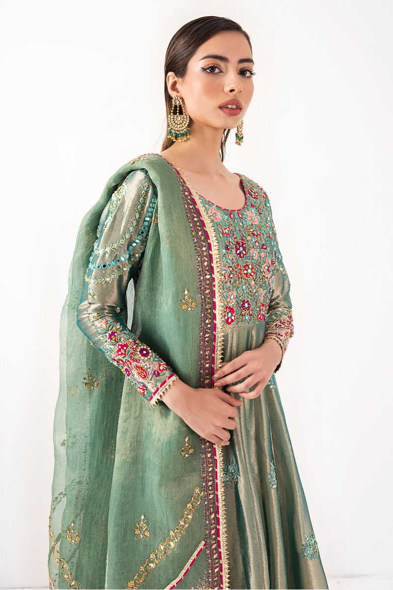 Pakistani Metallic Sage Embroidered Shimmer Kalidar (3-Piece) - Image 3