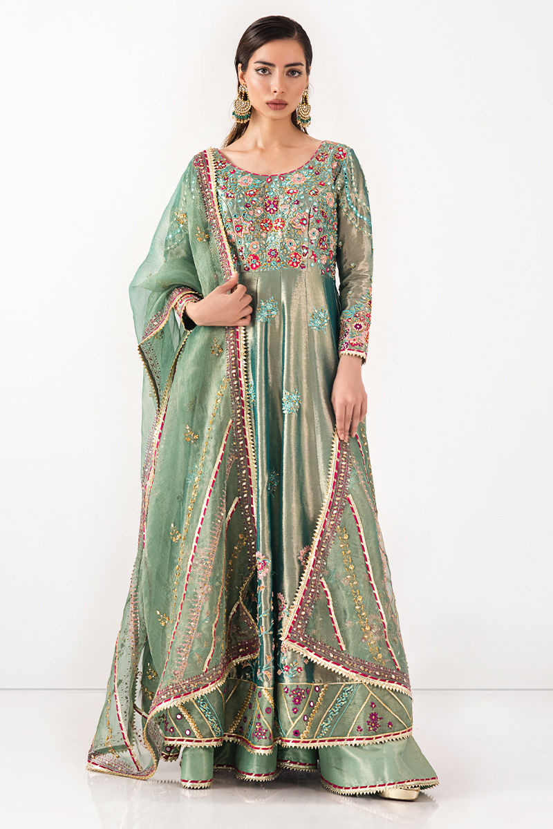 Pakistani Metallic Sage Embroidered Shimmer Kalidar (3-Piece) - Image 4