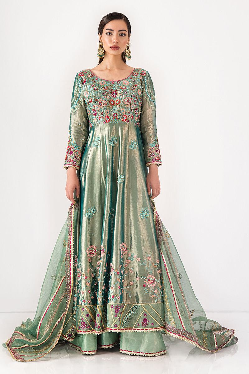 Pakistani Metallic Sage Embroidered Shimmer Kalidar (3-Piece) - Image 5