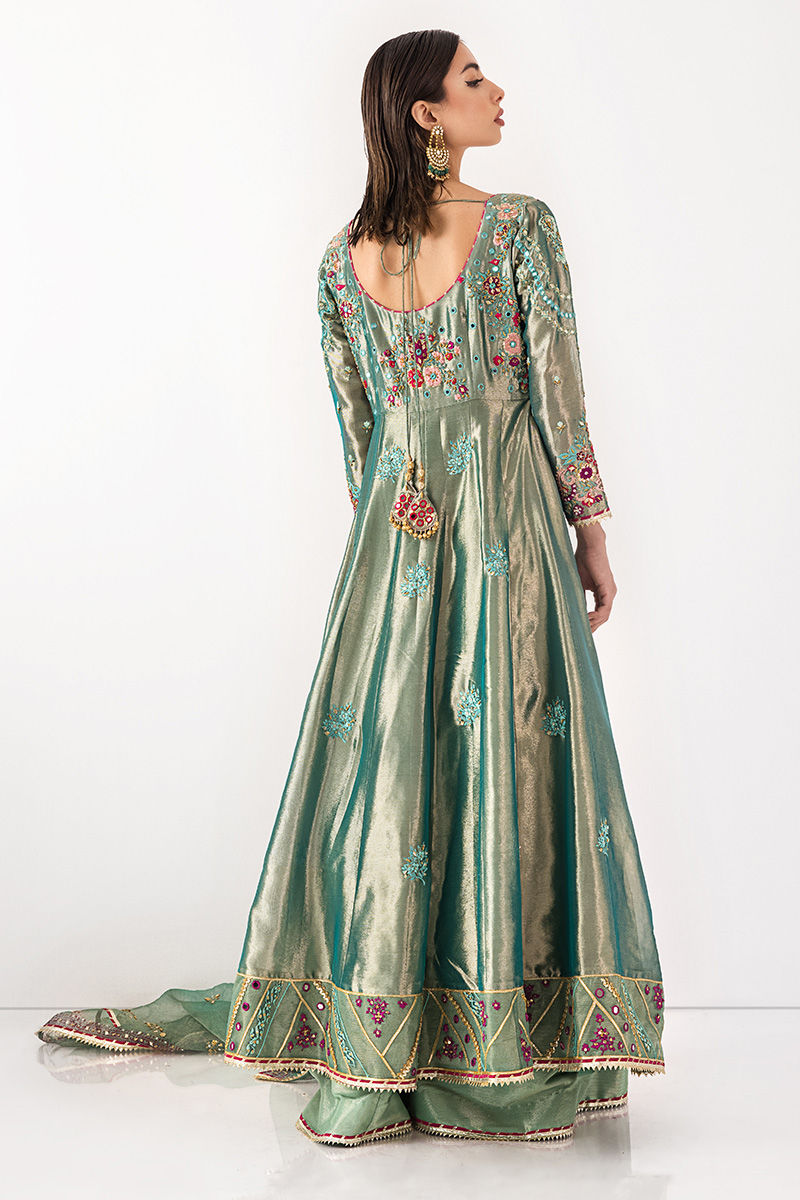 Pakistani Metallic Sage Embroidered Shimmer Kalidar (3-Piece) - Image 6