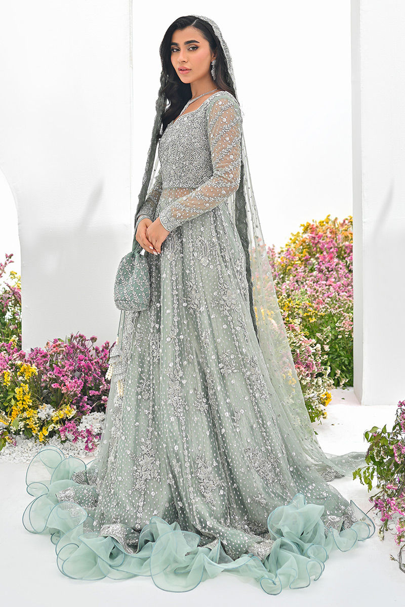 Sage Green Embellished Net Silk Kalidar Gown (2-Piece) - Image 1