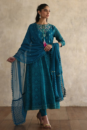 Peacock Green Embroidered Silk Net Kalidaar (3-Piece) - Image 2