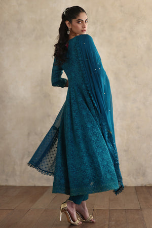 Peacock Green Embroidered Silk Net Kalidaar (3-Piece) - Image 3