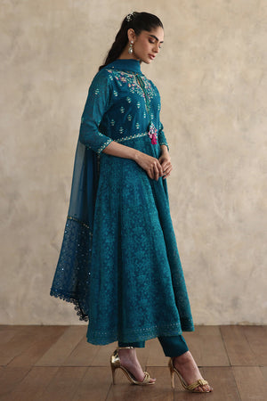 Peacock Green Embroidered Silk Net Kalidaar (3-Piece) - Image 4