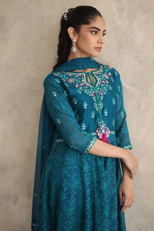 Peacock Green Embroidered Silk Net Kalidaar (3-Piece) - Image 5