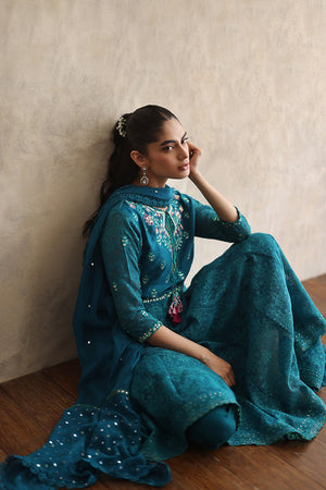 Peacock Green Embroidered Silk Net Kalidaar (3-Piece) - Image 6