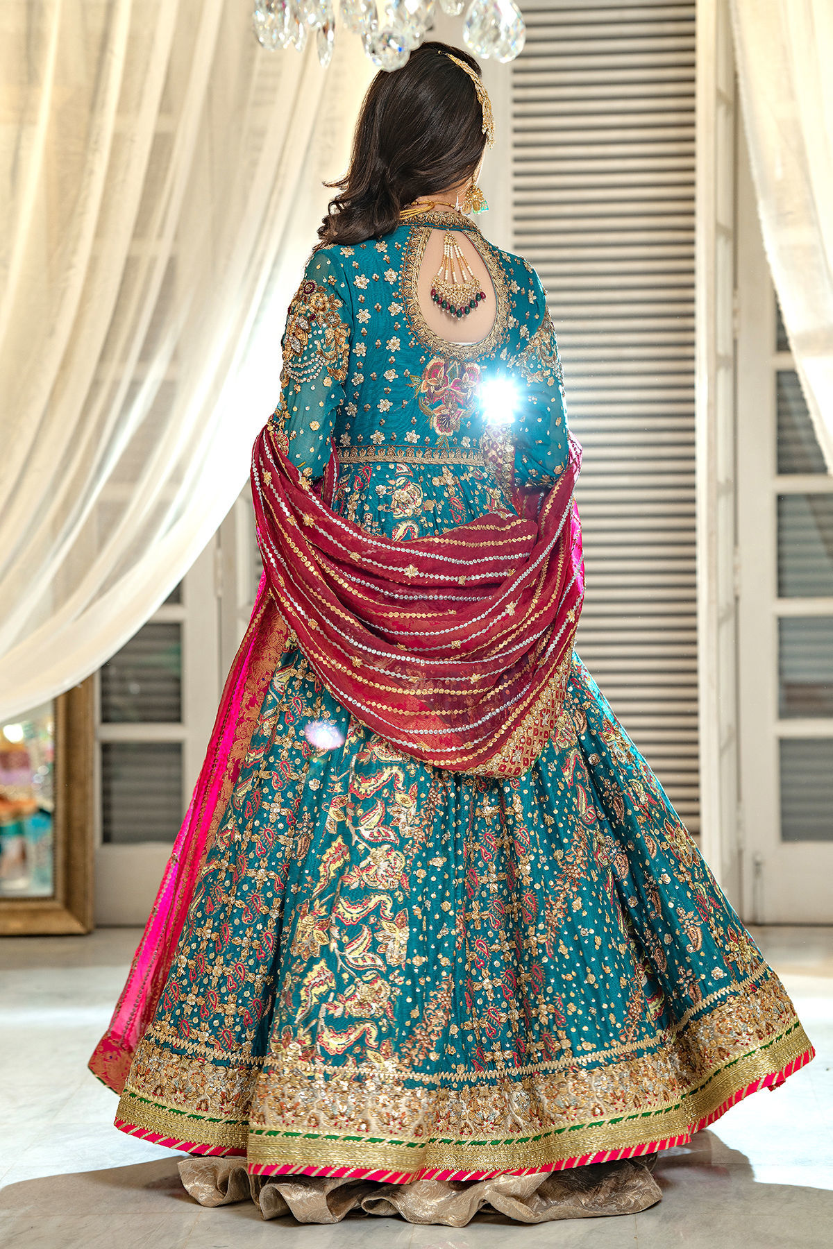 Pakistani Emerald Zardozi Pure Silk Net Kalidar (3-Piece) - Image 12