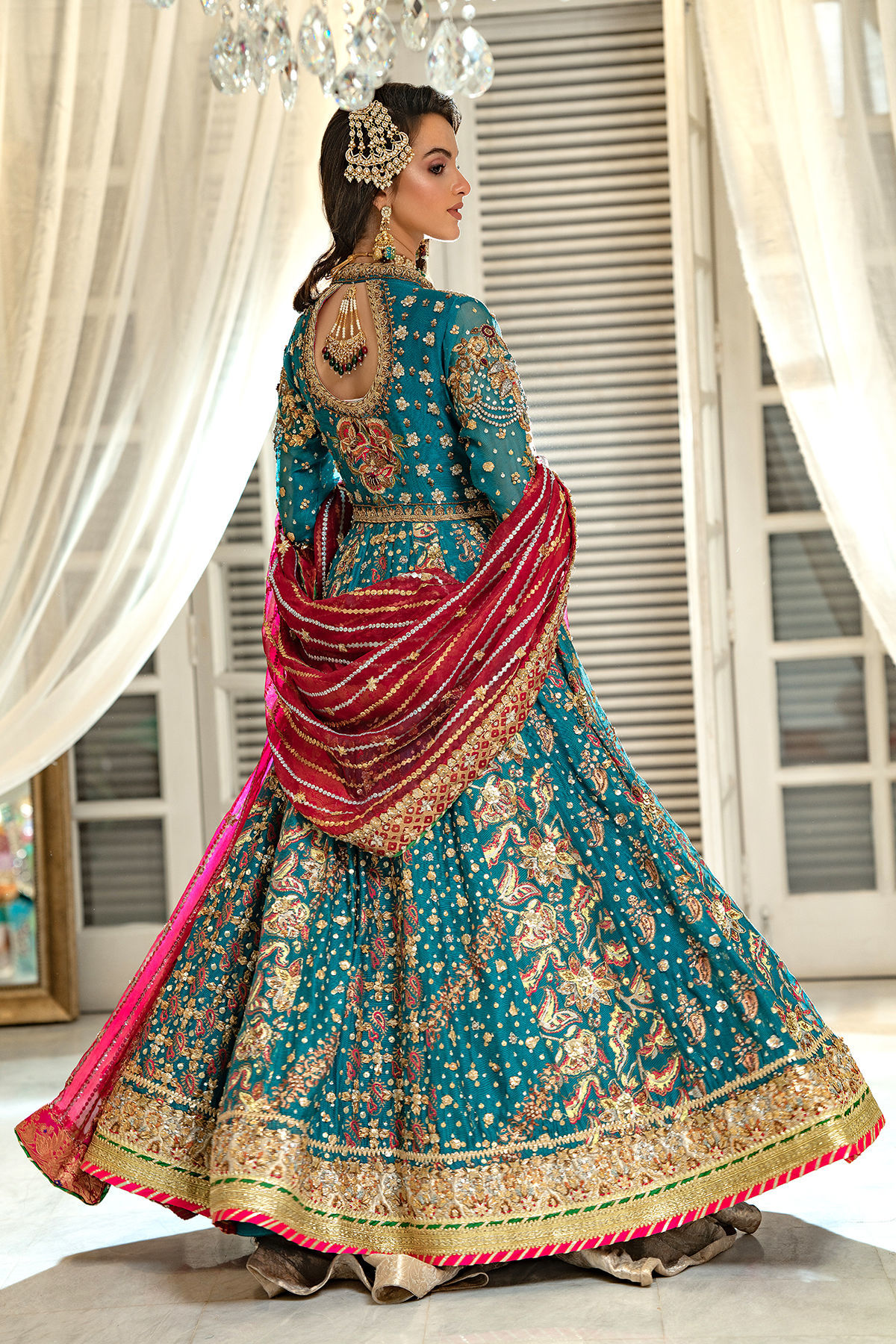 Pakistani Emerald Zardozi Pure Silk Net Kalidar (3-Piece) - Image 13