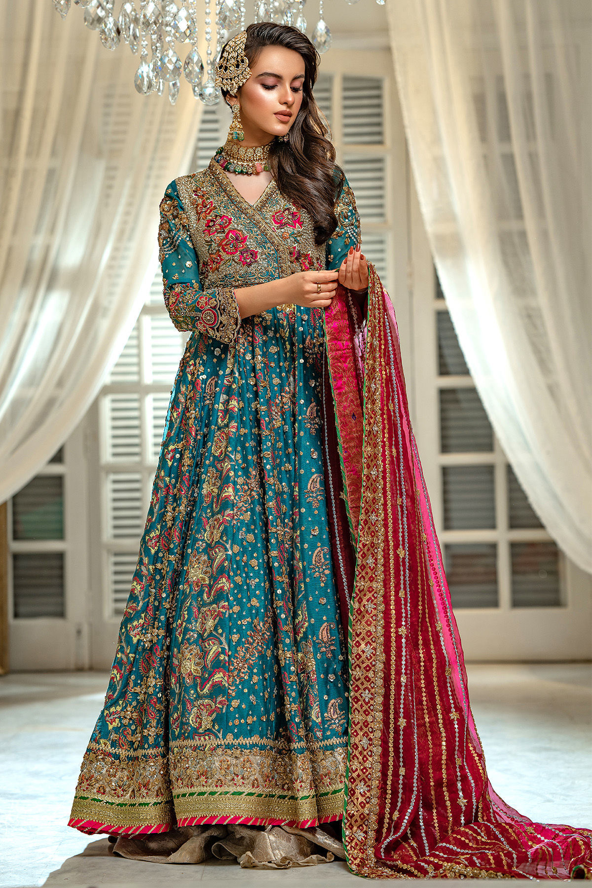 Pakistani Emerald Zardozi Pure Silk Net Kalidar (3-Piece) - Image 14