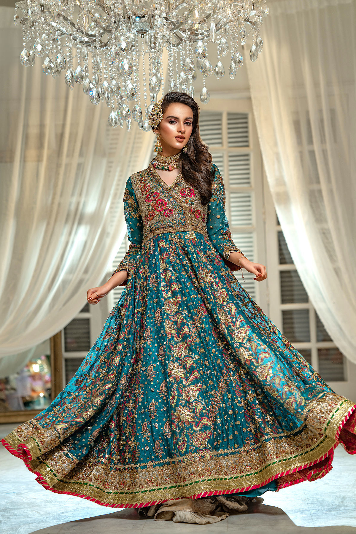 Pakistani Emerald Zardozi Pure Silk Net Kalidar (3-Piece) - Image 9