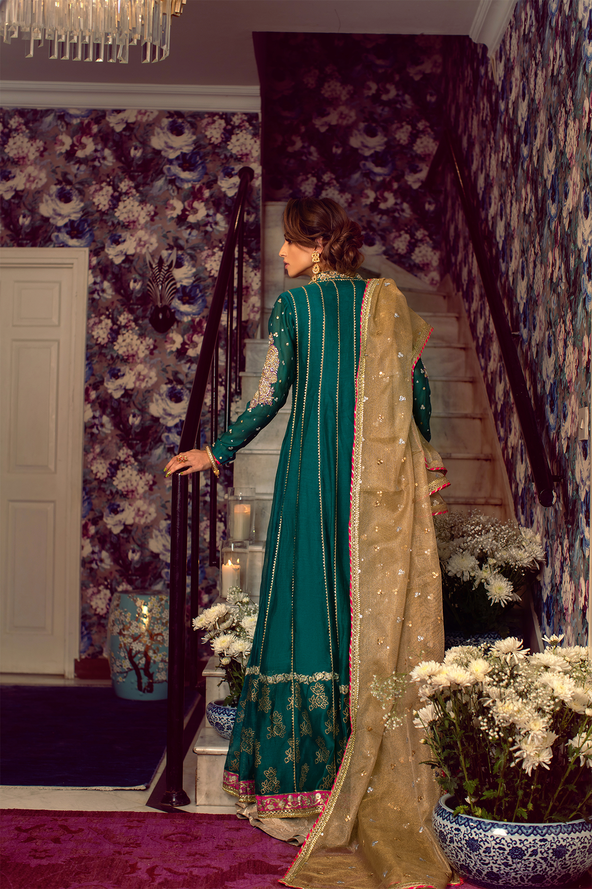 Emerald Green Zardozi Silk Net Kalidar (2-Piece) - Image 7