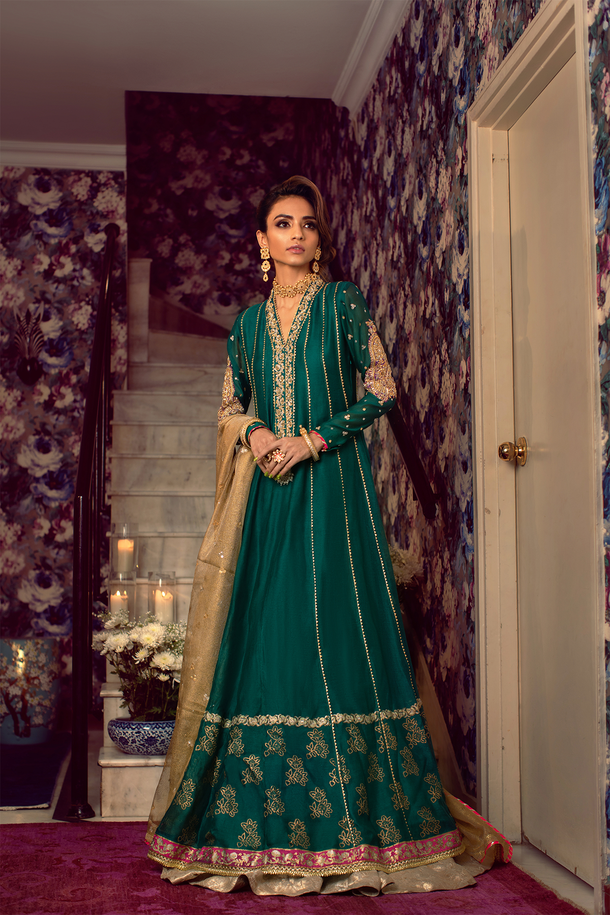 Emerald Green Zardozi Silk Net Kalidar (2-Piece) - Image 8