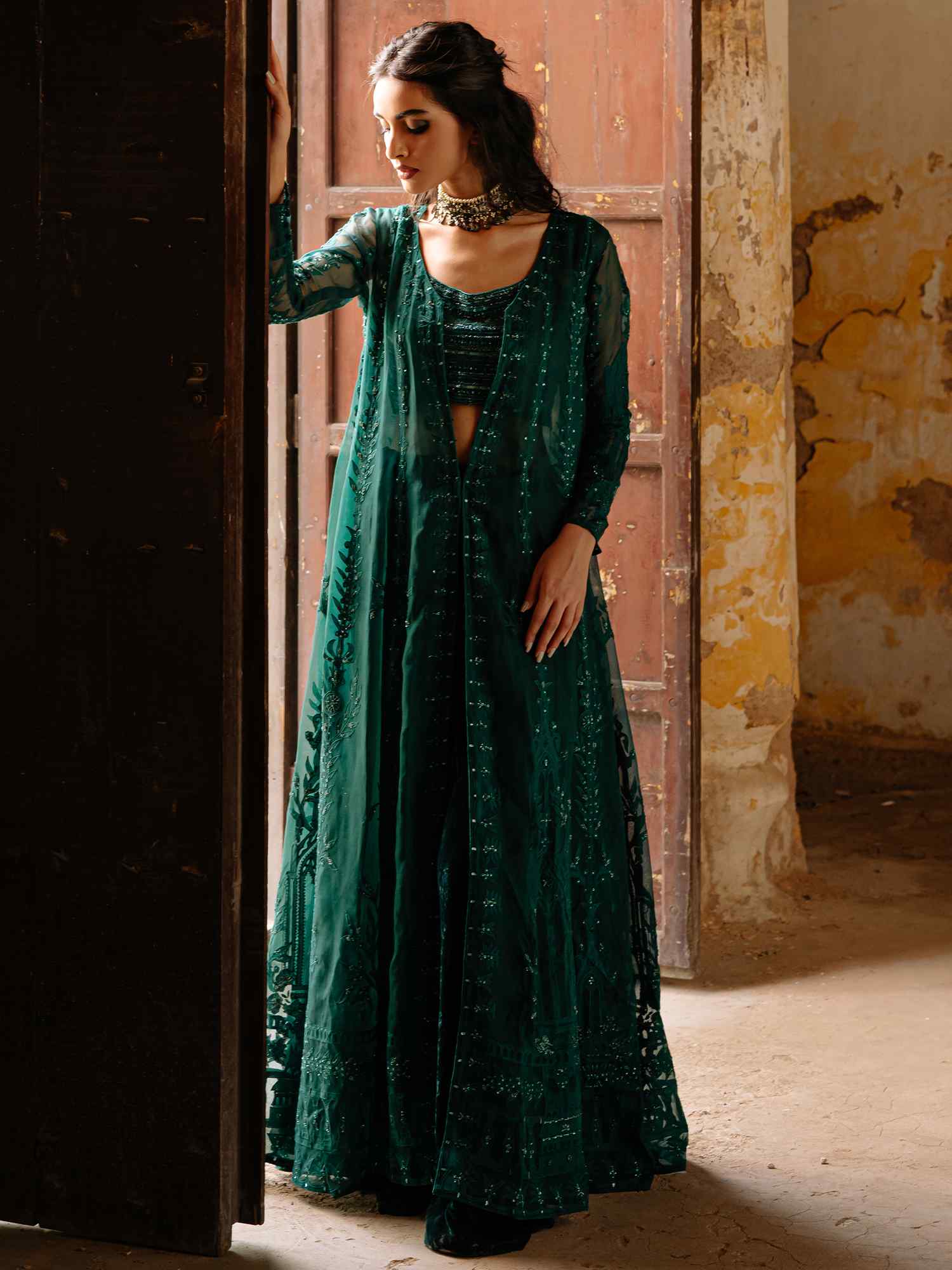 Pakistani Emerald Green Embroidered Silk Organza Kalidar (3-Piece) - Image 1