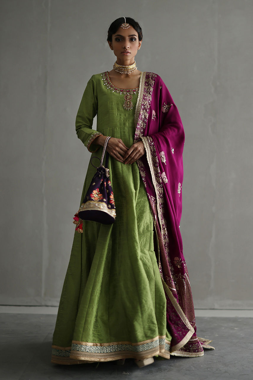 Olive Embroidered Silk Kalidar Dress (3-Piece) - Image 1