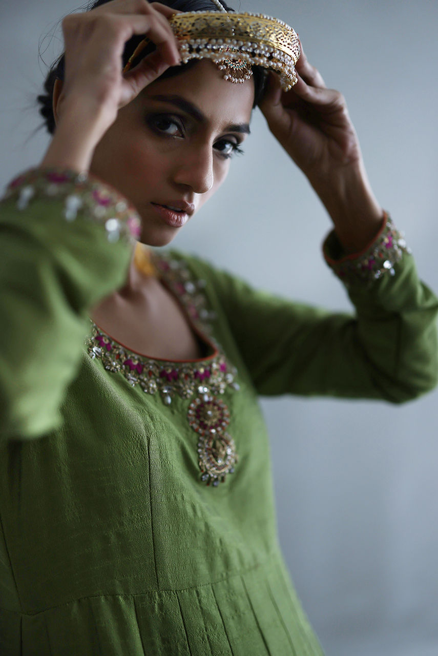 Olive Embroidered Silk Kalidar Dress (3-Piece) - Image 2