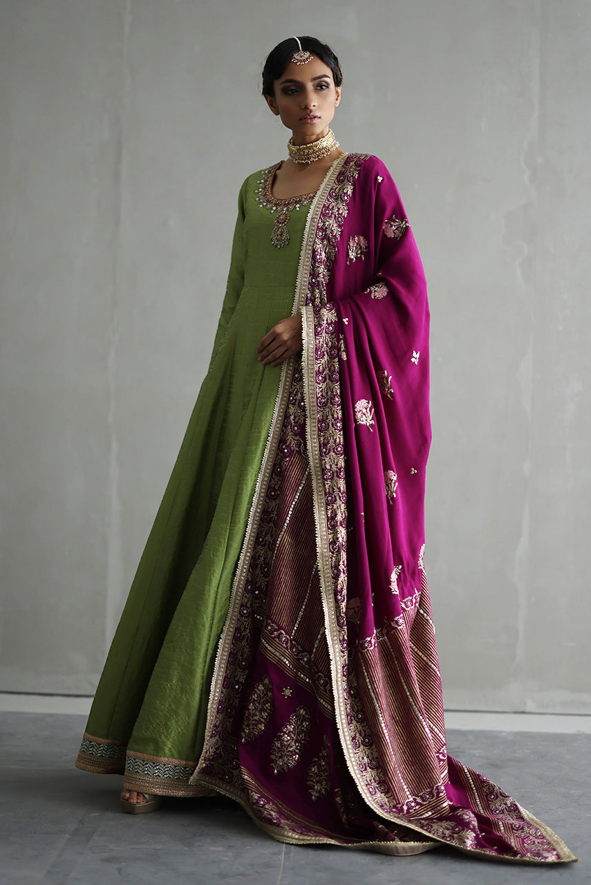 Olive Embroidered Silk Kalidar Dress (3-Piece) - Image 3